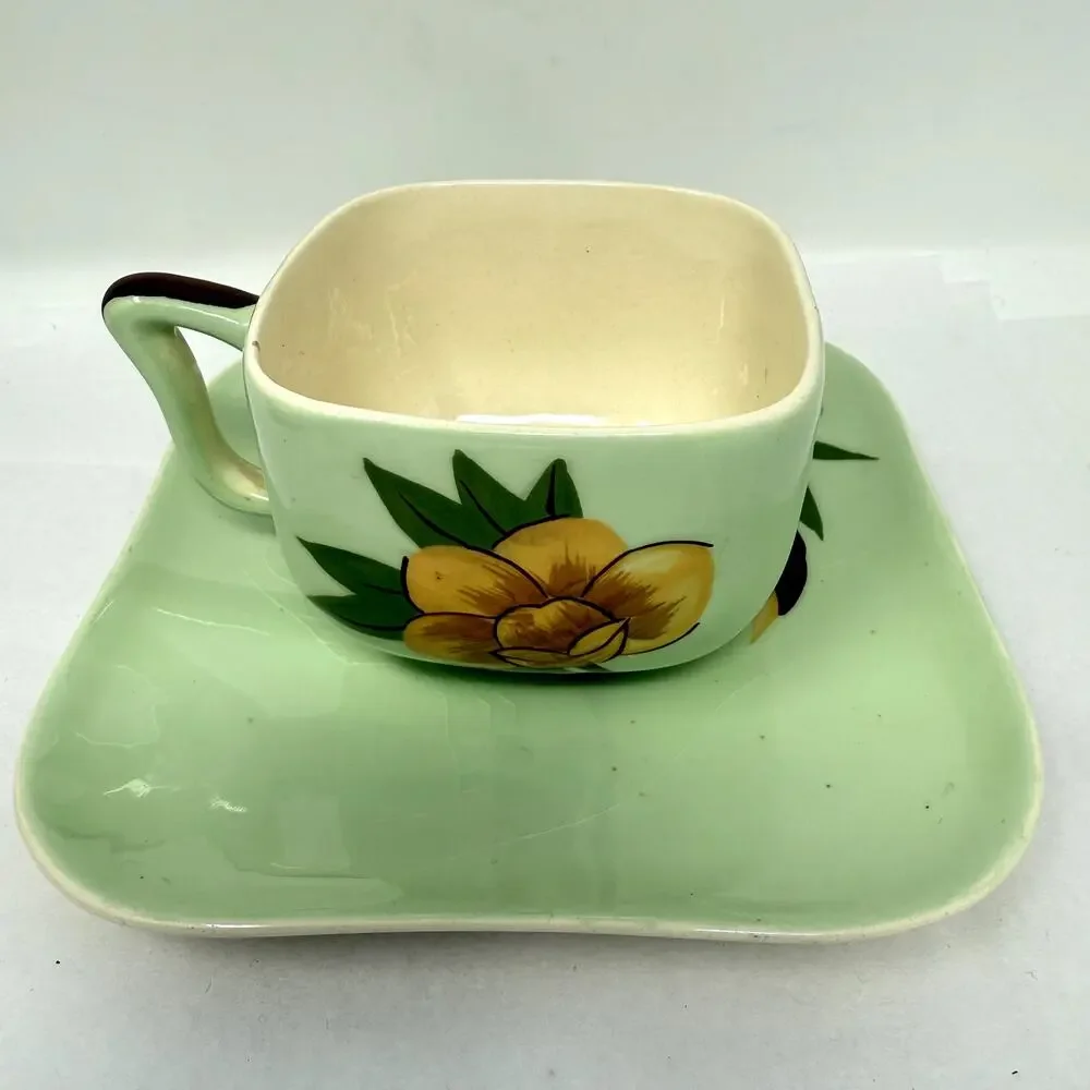Weil Ware California Pottery Cup & Plate Set Hand Decorated Bamboo Lotus Vintage